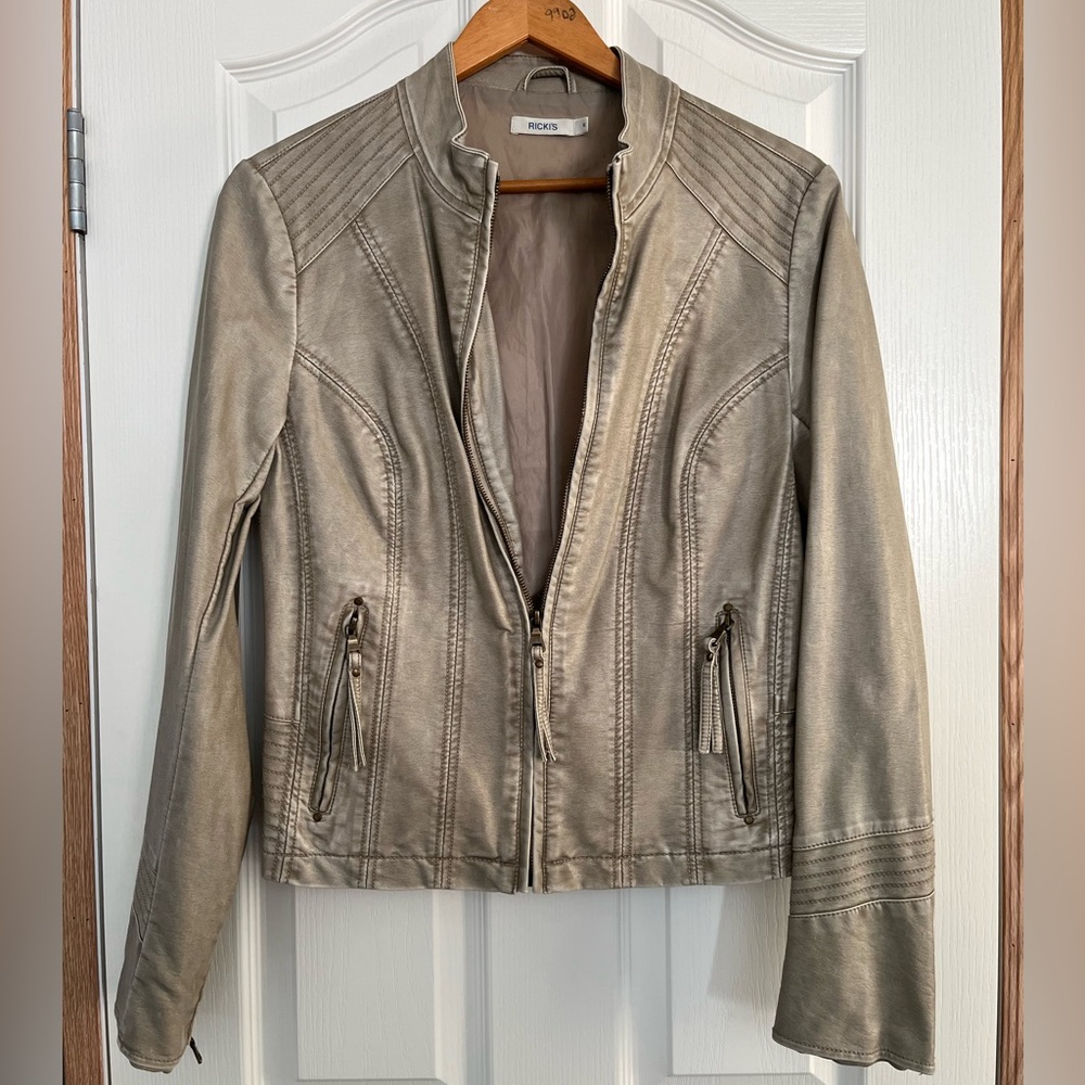 Tan faux leather bomber jacket Size 6
